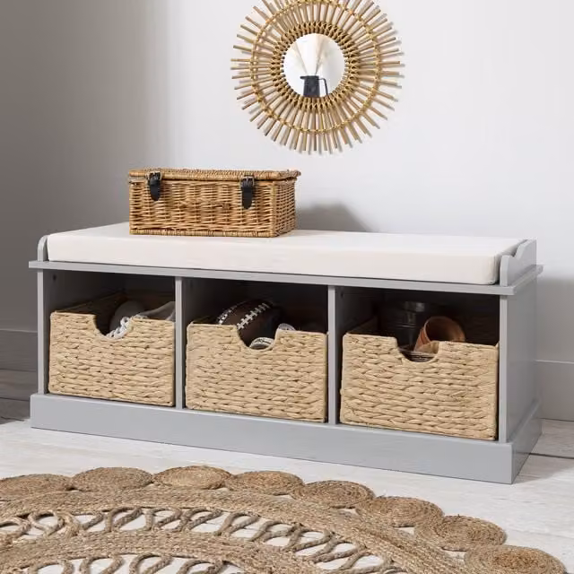 Noa and Nani Stockholm Storage Bench with 3 Rattan Baskets in Silk Grey