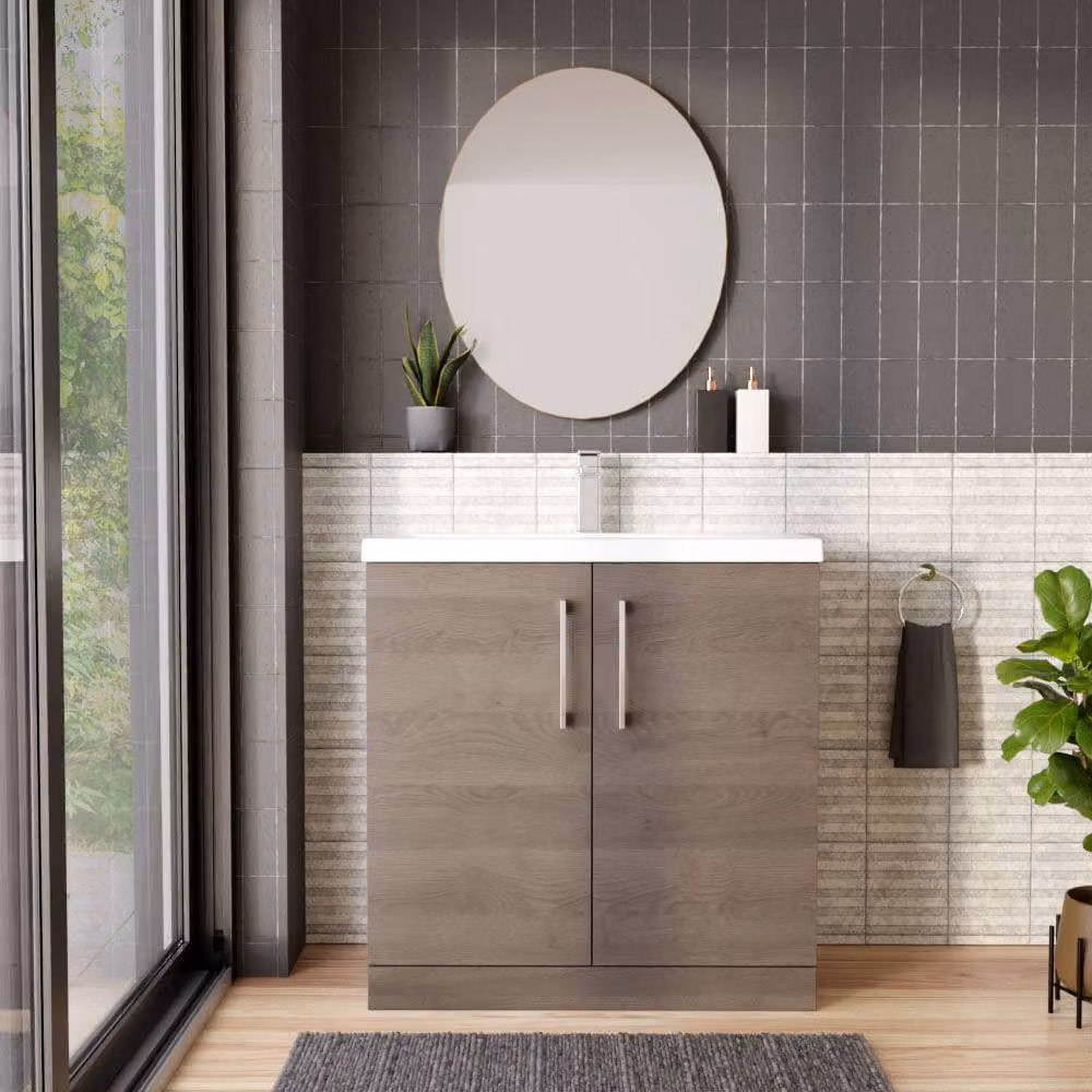 Balterley Contemporary Floor Standing 2-Door Bathroom Vanity Unit with Mid-Edge Ceramic Basin, Solace Oak Brown, W: 80 cm, D: 39 cm, H: 84 cm – 2
