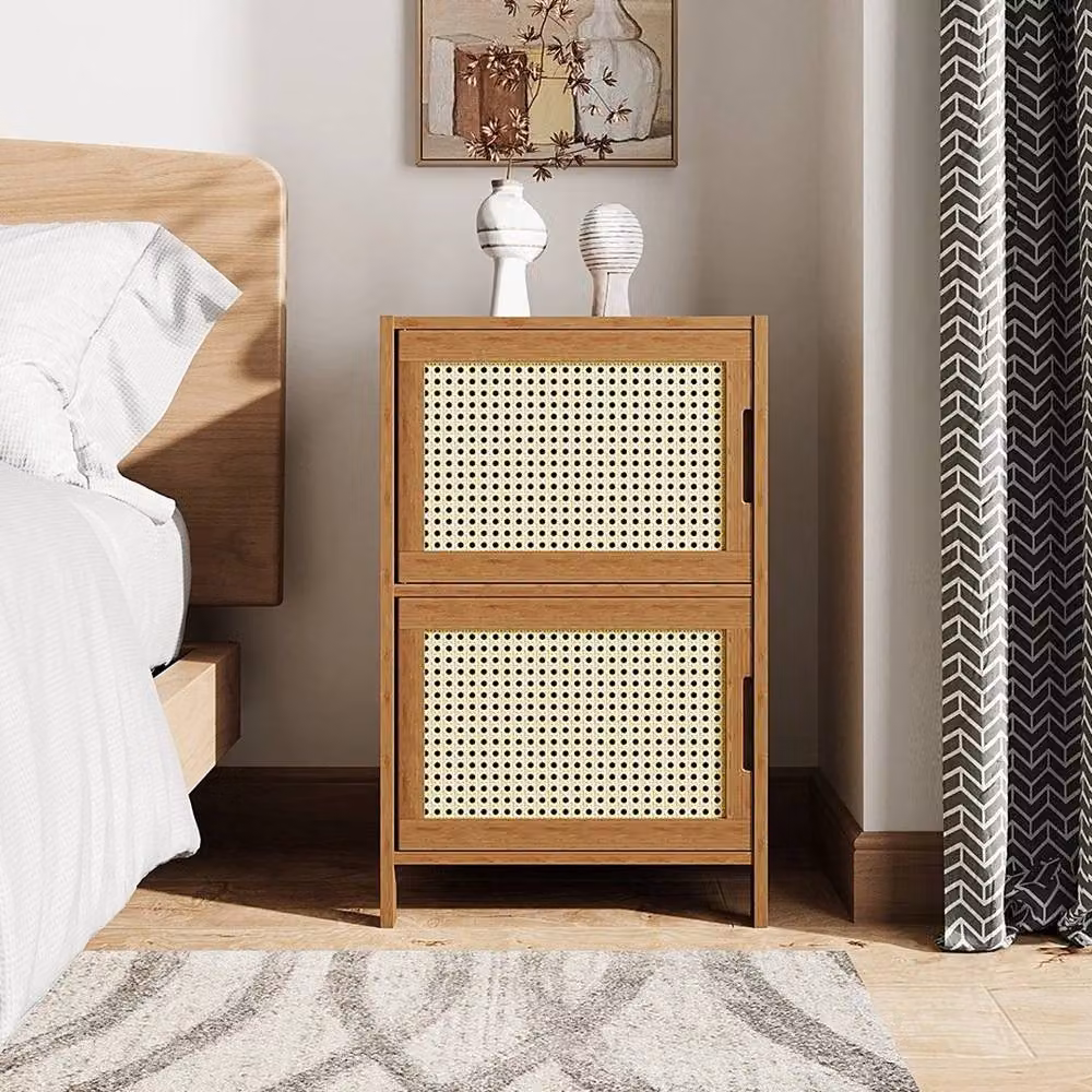 EONLION Brown Wooden Bedside Table with Rattan Cabinet and Geometric Design – 3