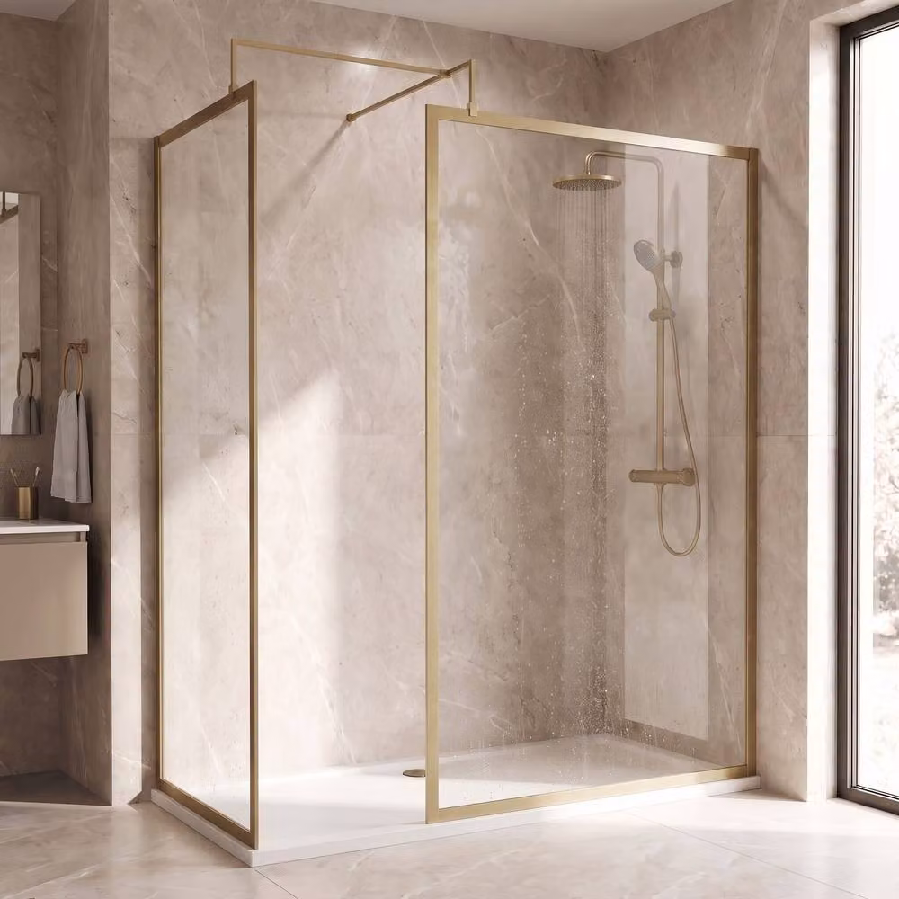 Balterley Framed Walk-In Wetroom Bundle in Brushed Brass with Rectangular Tray, W: 1700 mm, D: 700 mm – 2