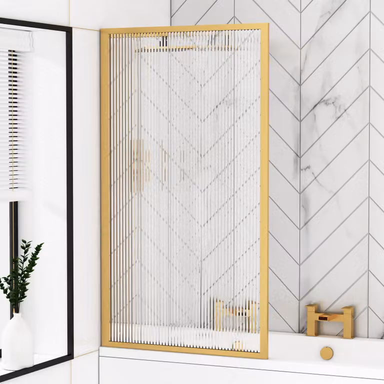 Royal Bathrooms Fixed Fluted Glass Rectangular Shower Bath Screen with Gold Framed Finish, W: 140 cm, H: 80 cm, D: 5 cm