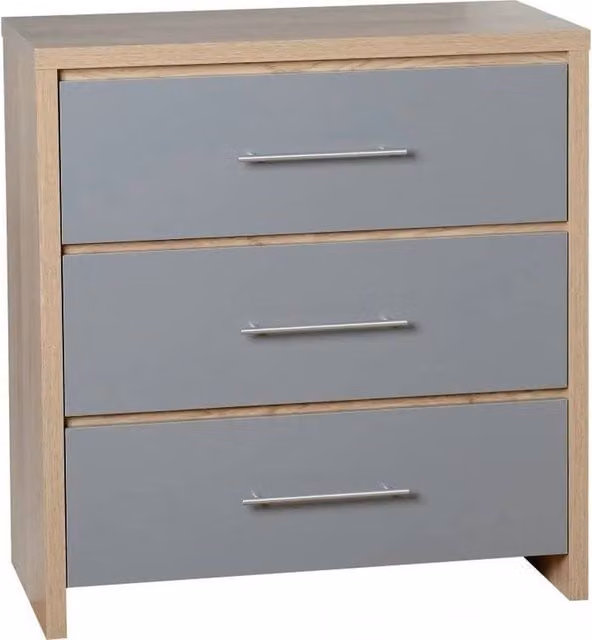 FORGEVIO Grey Oak High Gloss 3 Drawer Chest with Metal Handles