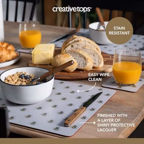Creative Tops Set of 4 Grey Country Bee Rectangular Placemats with Cork Backing, W: 30 cm, D: 22 cm, H: 1.5 cm – 4