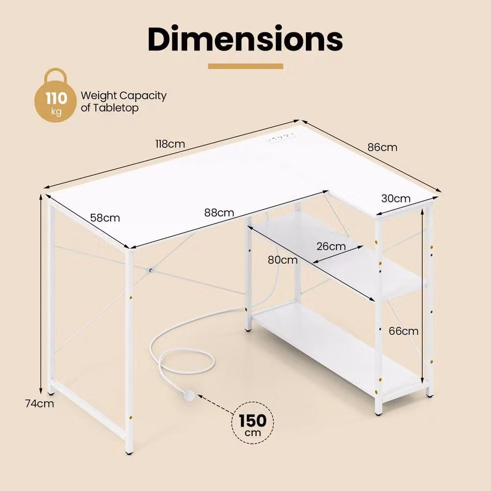 PAWNORA L-shaped Corner Gaming Desk with Heavy-duty Metal Frame in White – 2