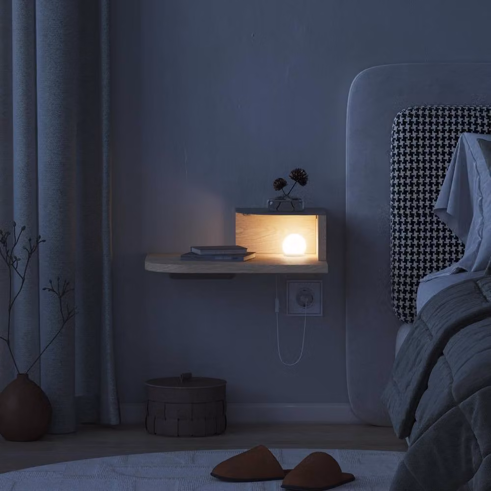 Decortie Luno Modern Wall-Mounted Floating Bedside Table with Integrated LED Lighting in Sonoma Oak – 2