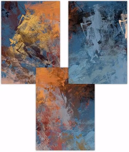 ARTZE Set of 3 Abstract Cerulean Dream Art Posters in Orange and Blue, W: 50 cm, H: 70 cm