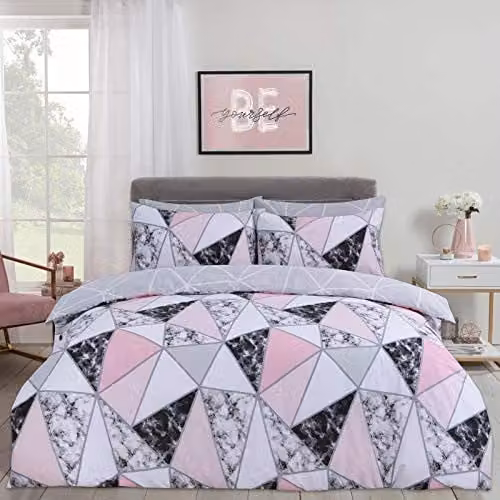 Dreamscene Marble Geometric Reversible Duvet Cover and Pillowcase Bedding Set, Grey and Pink, King Size (W: 230 cm, L: 220 cm)