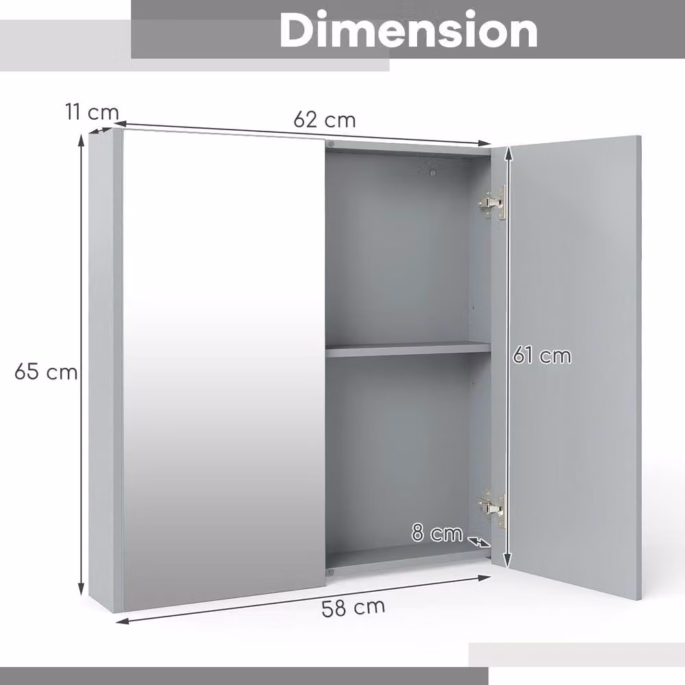 Costway Grey Wall Mounted Bathroom Storage Cupboard with Mirror and Internal Shelves – 2