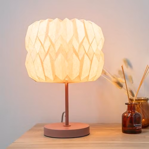 ValueLights Pink Metal Bedside Table Lamp with Origami Paper Lampshade and LED Bulb – 2