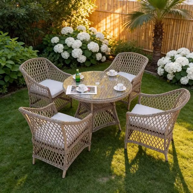 Furniture Maxi Provence 4-Seater Rattan Garden Dining Set with Round Glass Table in Beige and Sand