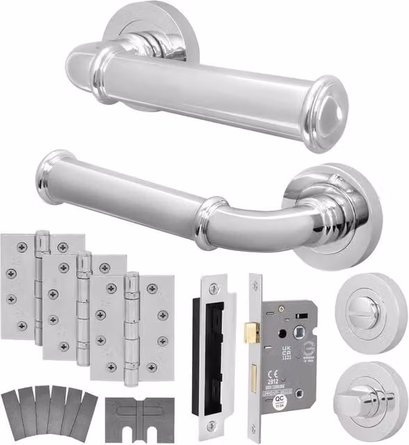 AFIT Polished Chrome Fire Door Handle and Lock Set with Hinges in Silver, 150 x 150 mm