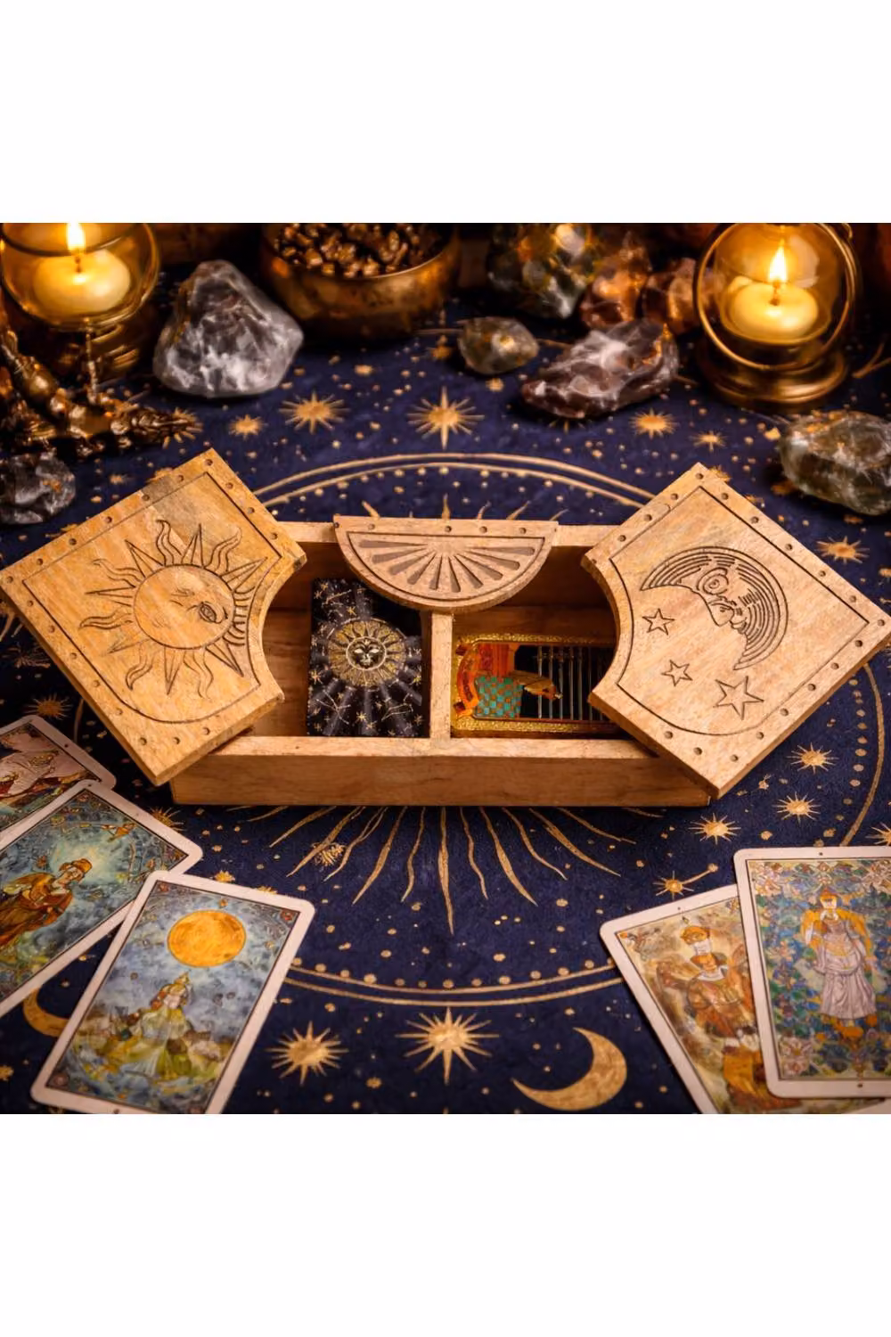 KDMD Sun Moon Carved Wooden Sliding Storage Box for Tarot Decks in Brown – 3