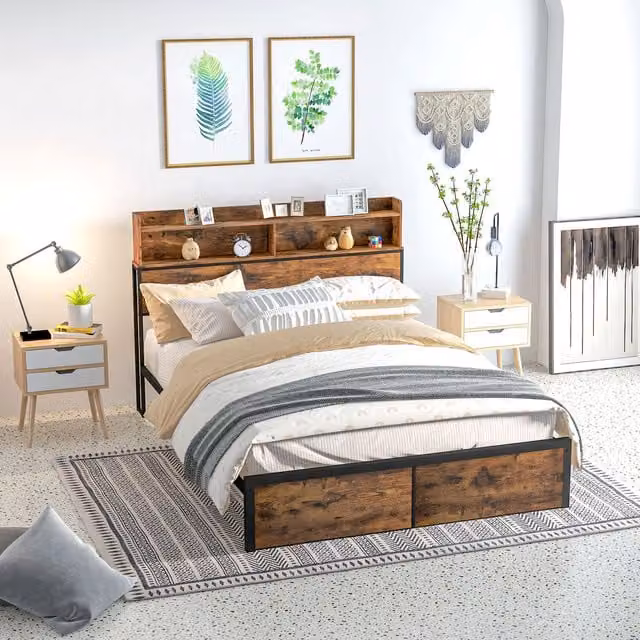 HOMCOM Industrial Bed Frame with Storage Headboard and Side Compartments, Brown and Black, W/D/H: 90 x 190 cm