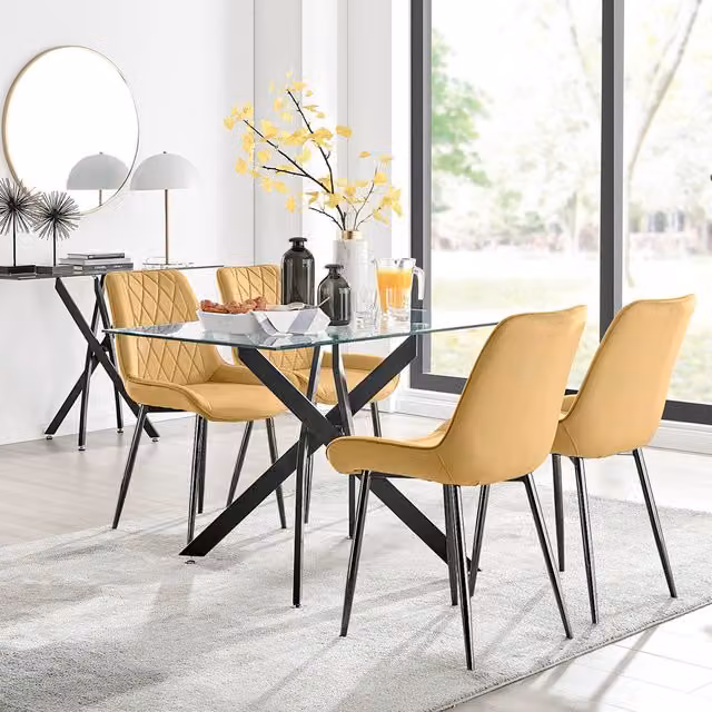 FurnitureboxUK Leonardo Glass Dining Table with 4 Pesaro Chairs in Mustard and Black