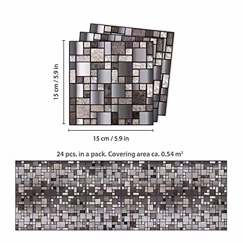 WALPLUS Metallic Silver Grey Stone Mosaic Wall Stickers, Pack of 24, 15 cm Geometric Square Self-Adhesive Tiles for Kitchen and Bathroom Backsplash – 3