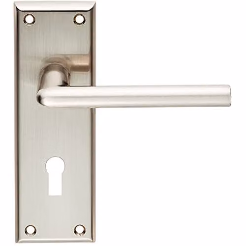 Loops Pair Rounded Lever on Lock Backplate Door Handles in Brushed Silver, W: 150 mm, H: 50 mm