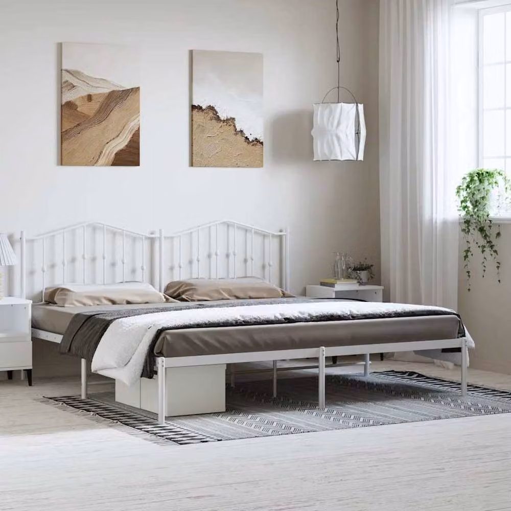 Berkfield Home Metal Bed Frame with Headboard in White W: 193 cm, D: 203 cm – 2
