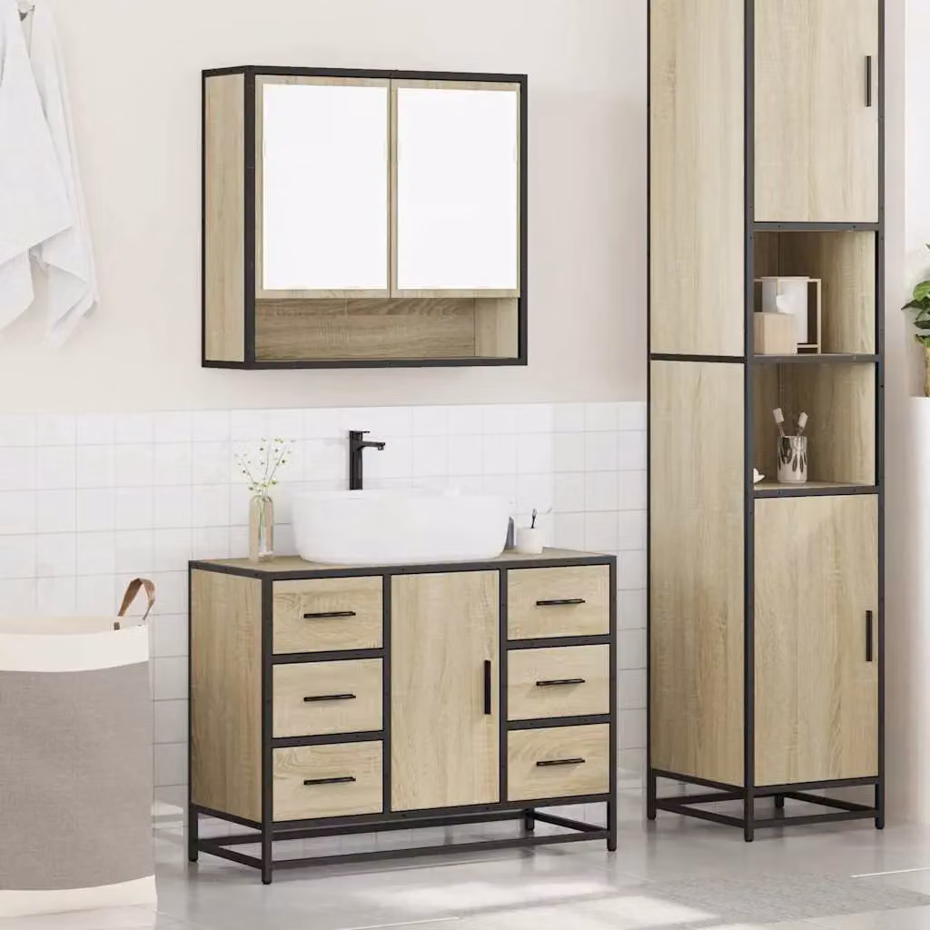 Berkfield Home 2 Piece Industrial Bathroom Furniture Set in Brown Sonoma Oak featuring a Vanity Unit and Mirror Cabinet – 3