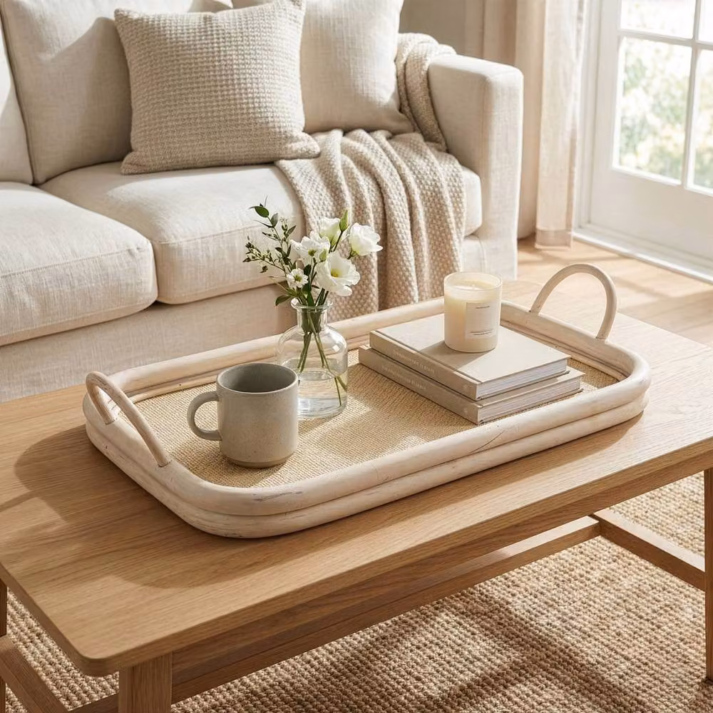 Madison & Mayfair Large Rectangular Rattan Tray with Handles in Beige, W: 52.0 cm, D: 30.5 cm, H: 6.0 cm – 2