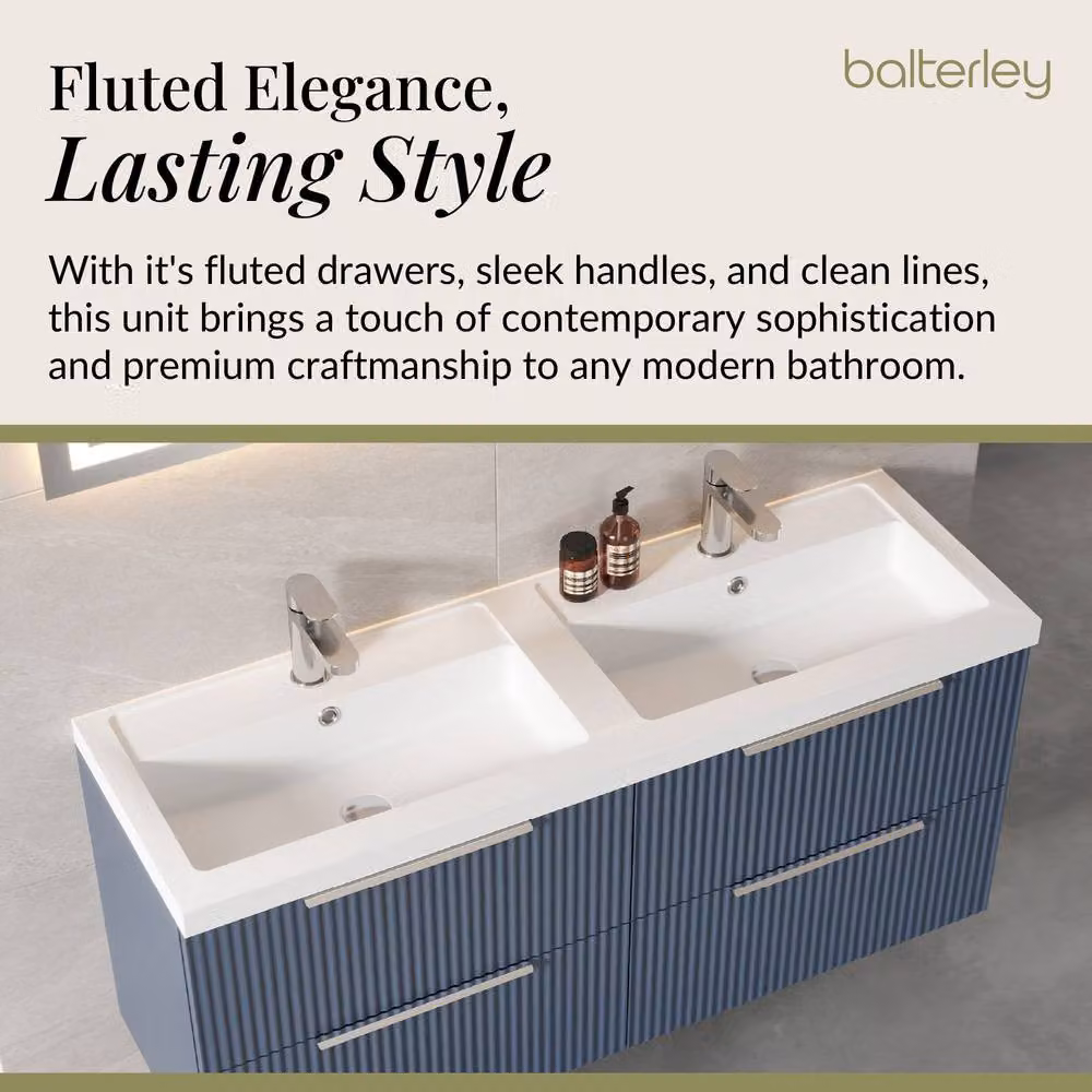 Balterley Fluted Wall Hung 4 Drawer Vanity Basin Unit and Basin, Satin Blue, W: 120 cm – 3