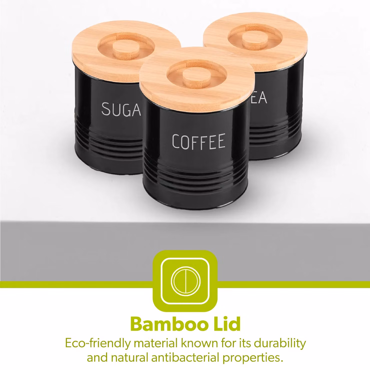 Royalford 3-Piece Airtight Metal and Bamboo Kitchen Storage Canister Set for Tea, Coffee and Sugar in Black – 3