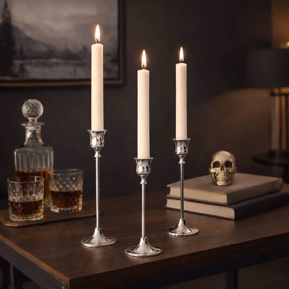 Marco Paul Set of 3 Silver and White Metal Taper Candle Holders – 3