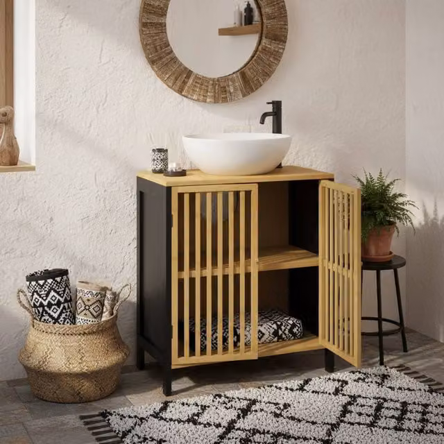 Wyld Haus Rotove Bamboo Style Under Sink Bathroom Cabinet in Black with Internal Shelves and Hinged Doors