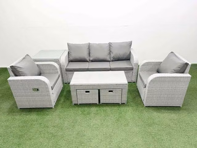 Fimous PE Rattan Garden Furniture Set in Light Grey with 3-Seater Sofa, Reclining Chairs, Coffee Table, Side Table and 2 Stools