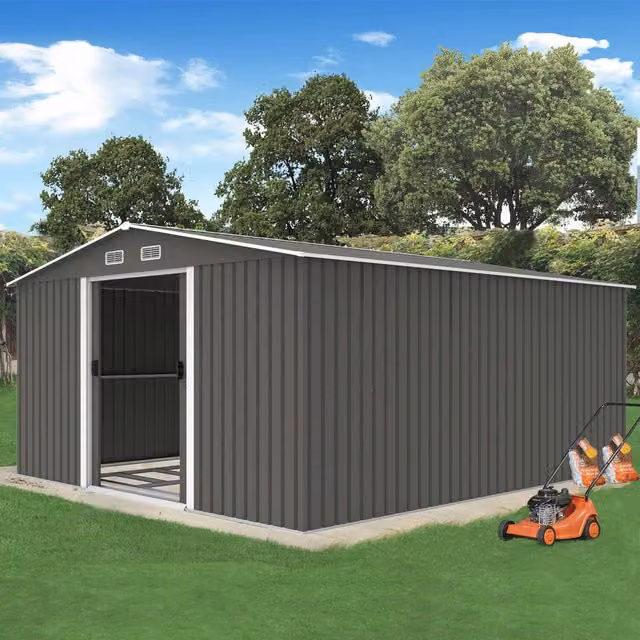 BIRCHTREE Metal Garden Shed with Double Doors and Gable Roof in Grey White