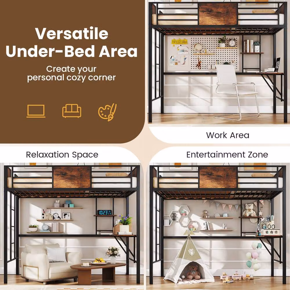 Costway Single Metal Loft Bed with Desk, Shelf and Safety Guardrail in Brown, W/D/H: 200 x 90 x 136 cm – 4