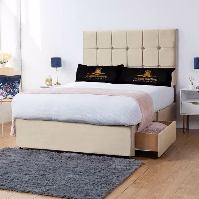 UK Bed Furniture Florence Modern Upholstered Divan Bed with 4 Drawers in Beige, W/D/H: 180 x 200 cm