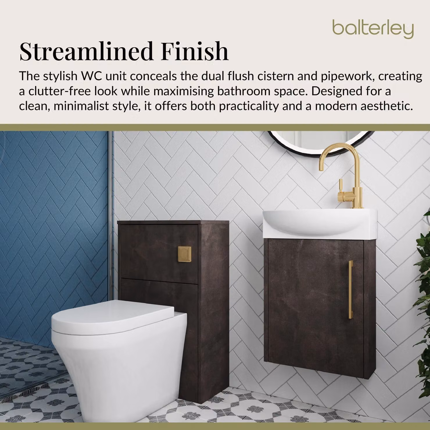 Balterley Left Hand Cloakroom Suite with Vanity, WC, Toilet and Tap Set in Grey with Slate Brass Finishes, Width: 44 cm – 3