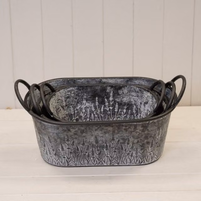 KDMD Set of Three Grey Oval Metal Meadow Planters for Tabletop Use