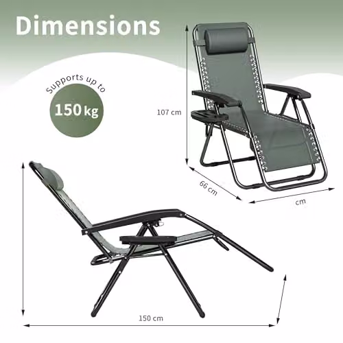 MCC Direct Set of 2 Zero Gravity Reclining Sun Loungers with Green Textilene Fabric and Black Powder Coated Steel Frame – 3