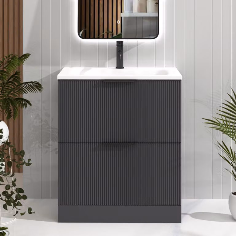 Royal Bathrooms Evora 700mm Graphite Grey Fluted Floor Standing Vanity Unit with 2 Drawers, Matt Stone Basin and Matt Black Handles