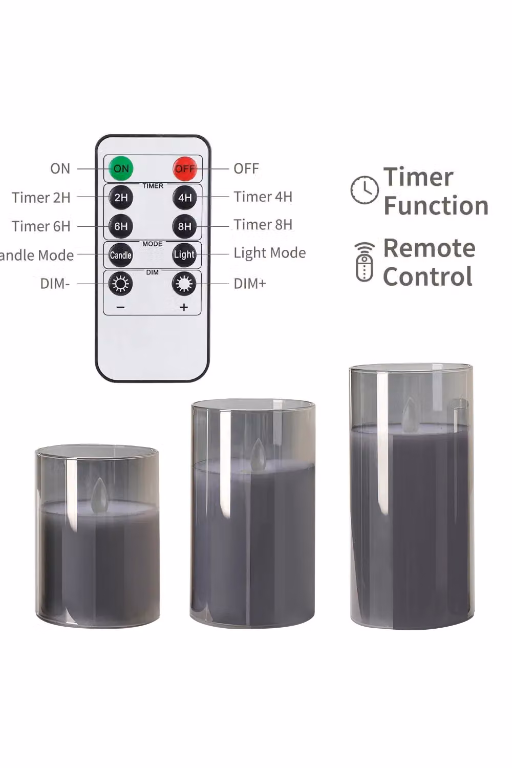 Living and Home 3-Piece Grey Glass Flameless LED Pillar Candle Set with Remote Control – 3
