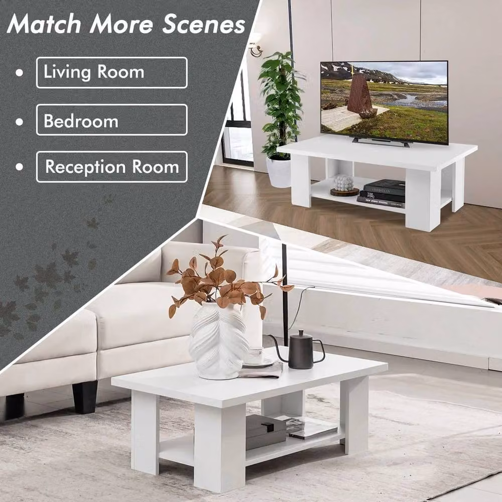 KORVIXA 2-Tier Modern Wooden Coffee Table with Storage Shelf in White, W x D: 100 x 100 cm – 4