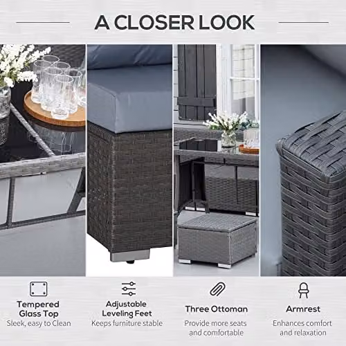 Outsunny 10 Piece L-Shape Rattan Garden Furniture Set with Upholstered Cushions and Coffee Table in Grey – 8