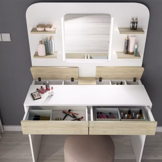 Trasman Modern White Matt Vanity Table with Hollywood LED Mirror and Lift Mechanism