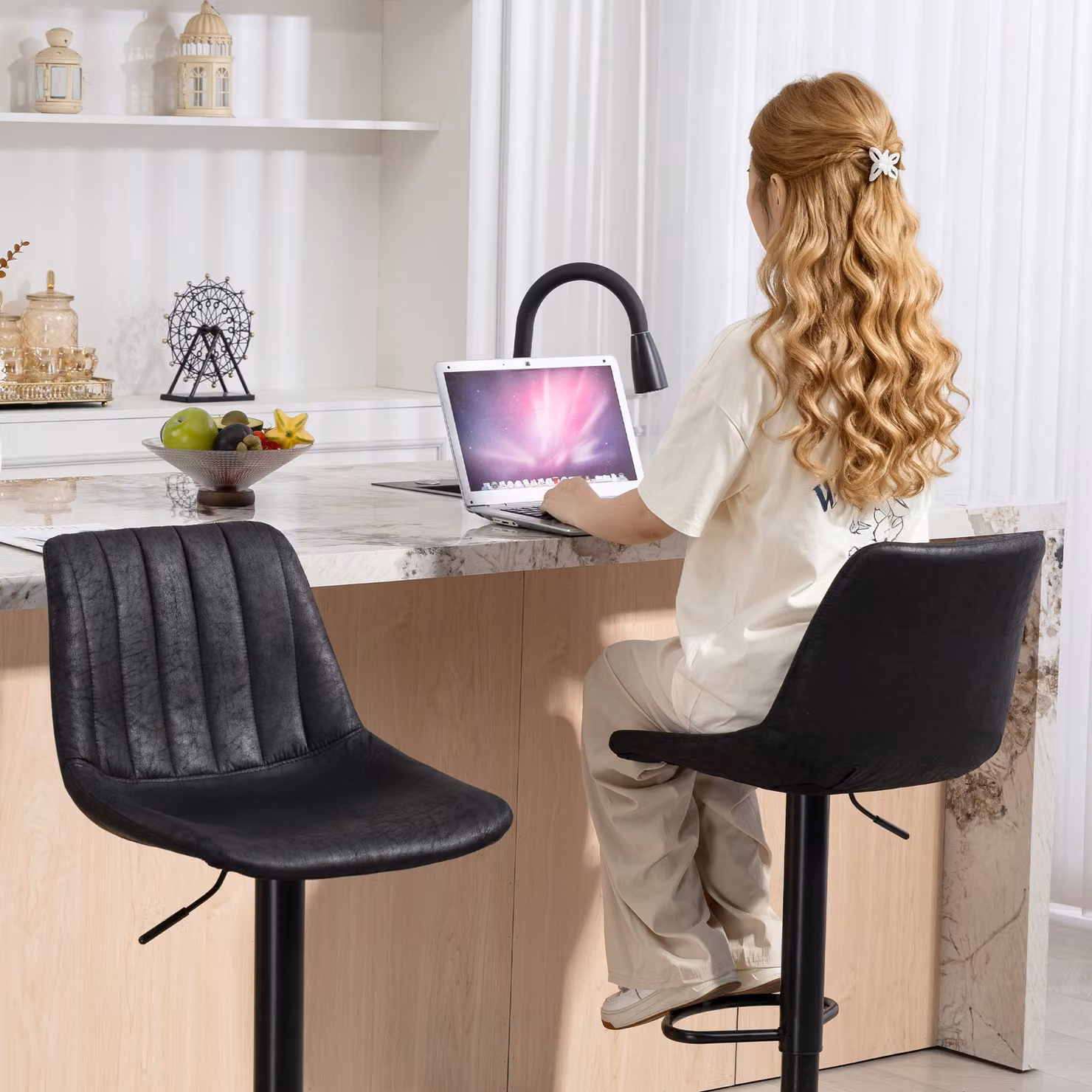 HOMCOM Set of 2 Modern Black Synthetic Leather Swivel Bar Stools with Metal Base – 5