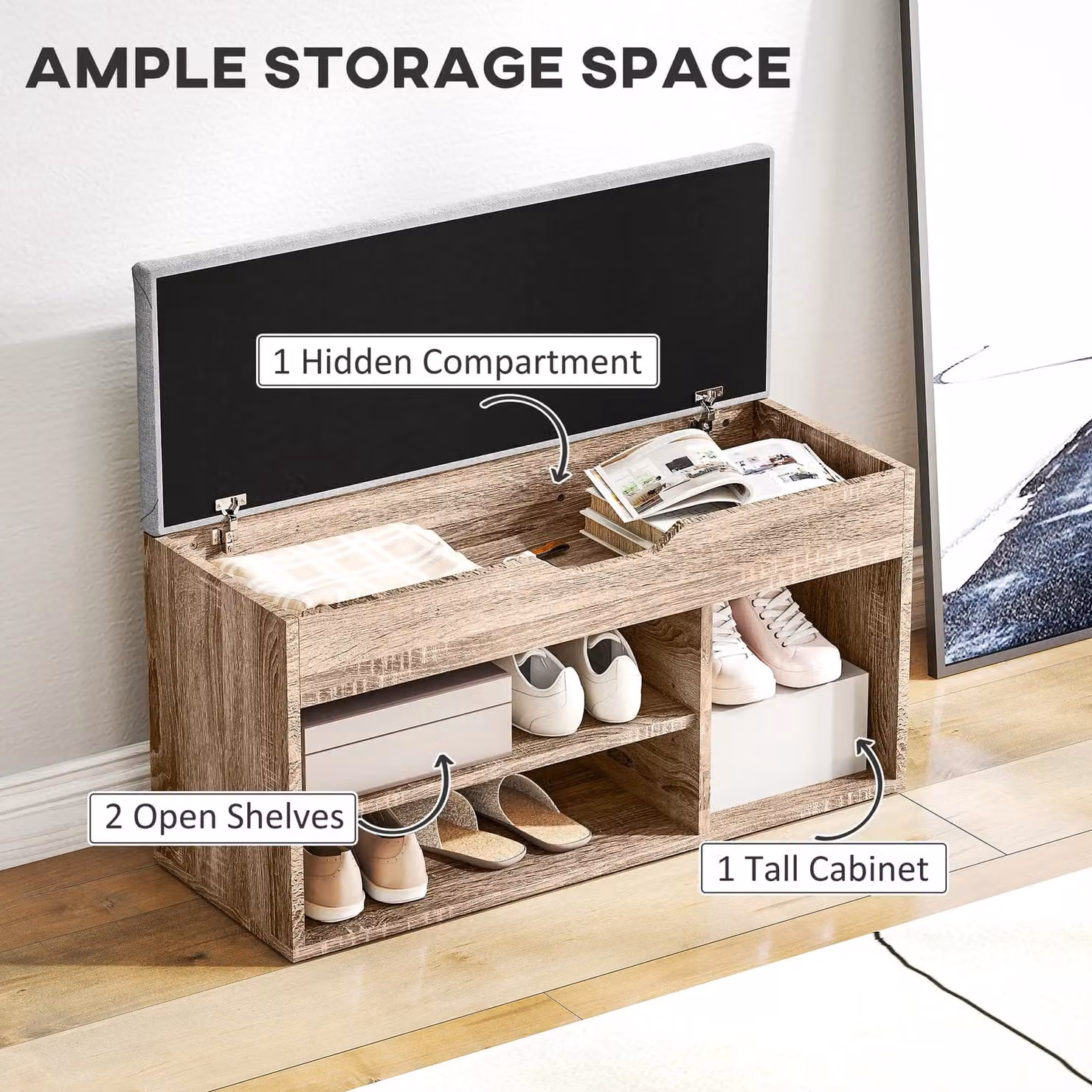 HOMCOM Grey Modern Sit-On Shoe Storage Unit with Hidden Compartment – 3