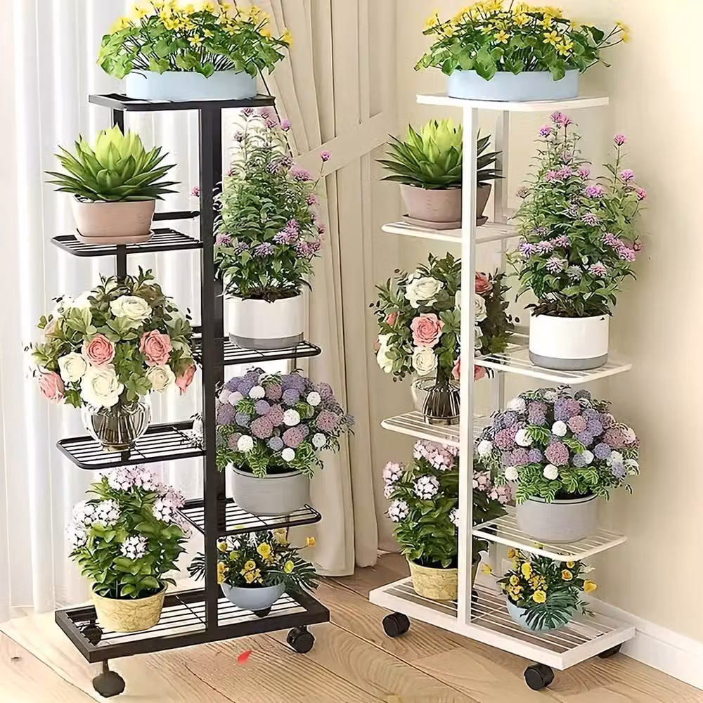 NESTLUNE 6 Tier Metal Plant Shelf Rack Display Stand in Black, W: 100 cm, D: 15 cm – 2