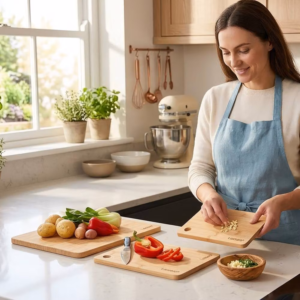 Grace Lazzaro Brown Bamboo Rectangular Chopping Board Set of 3 with Groove and Reversible Design – 3