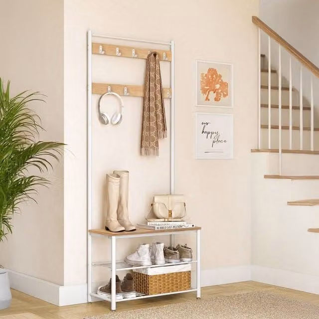 VASAGLE Scandinavian Hall Tree with Bench and Coat Rack in Light Wood