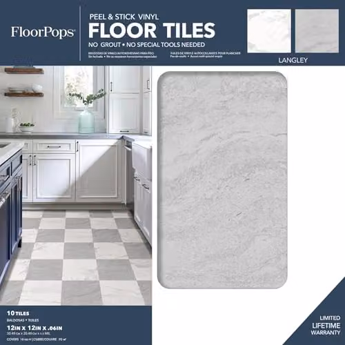 FloorPops Langley Grey Marbled Peel and Stick Floor Tiles, W/D/H: 30.48 x 30.48 x 0.27 cm – 2