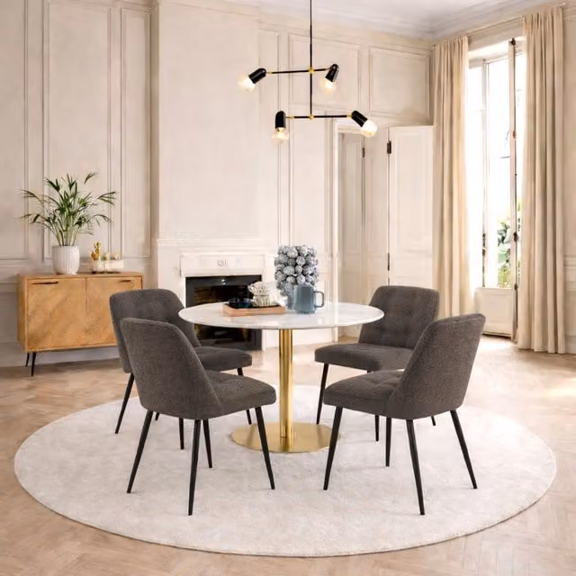 Furniture To Go Corby Round White Marble Dining Table with Gold Base and 4 Brooke Taupe Chairs