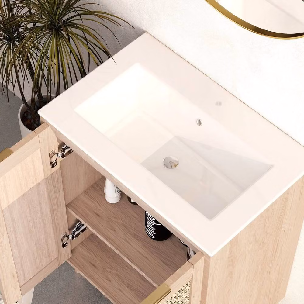 FORGEVIO Natural Floor-Standing Bathroom Vanity Unit with Basin and Soft-Close Hinged Doors – 2