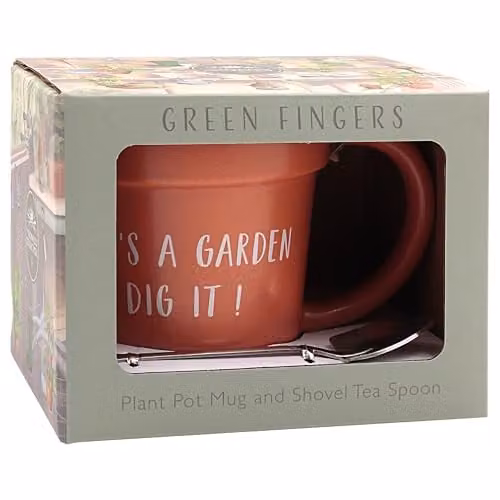 Lesser & Pavey Life's A Garden Plant Pot Mug and Shovel Tea Spoon Gift Set in Terracotta, 250ml – 2