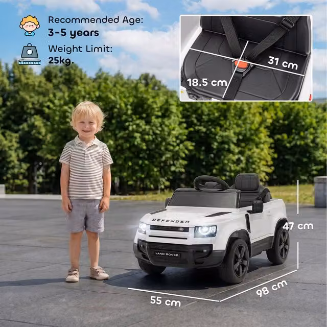 AIYAPLAY Licensed Land Rover Defender 12V Kids Electric Ride on Car, White