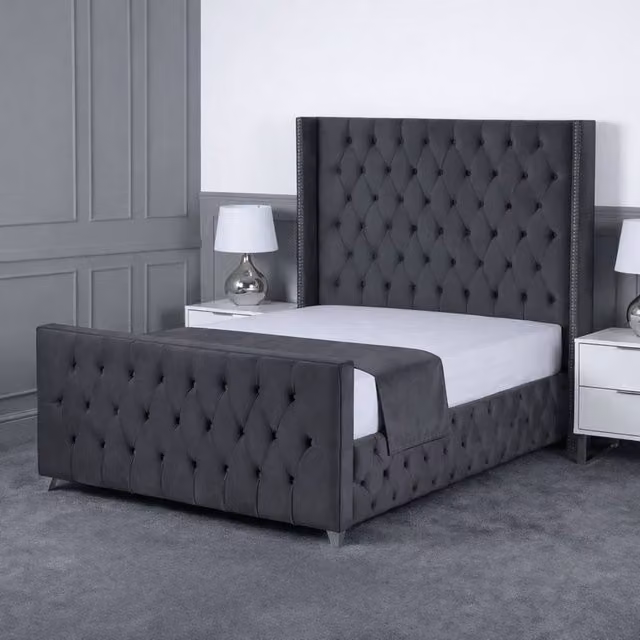 Living Comfort Bedz Executive Luxe Upholstered Velvet Gas Lift Storage Bed with 48 Inch Headboard in Anthracite Grey, Size: Super King (200 x 200 cm)